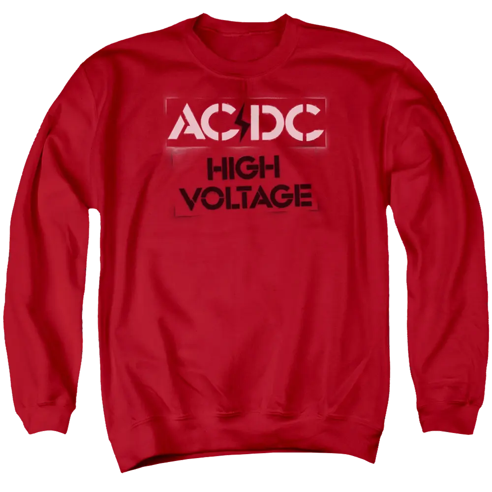 Red men's crewneck sweatshirt with AC/DC logo and "High Voltage" text in black and white.