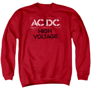 Red men's crewneck sweatshirt with AC/DC logo and "High Voltage" text in black and white.