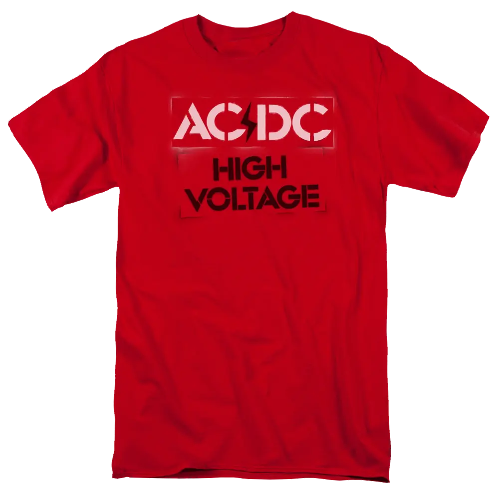 Red men's t-shirt with white AC/DC logo and black "High Voltage" text on front.