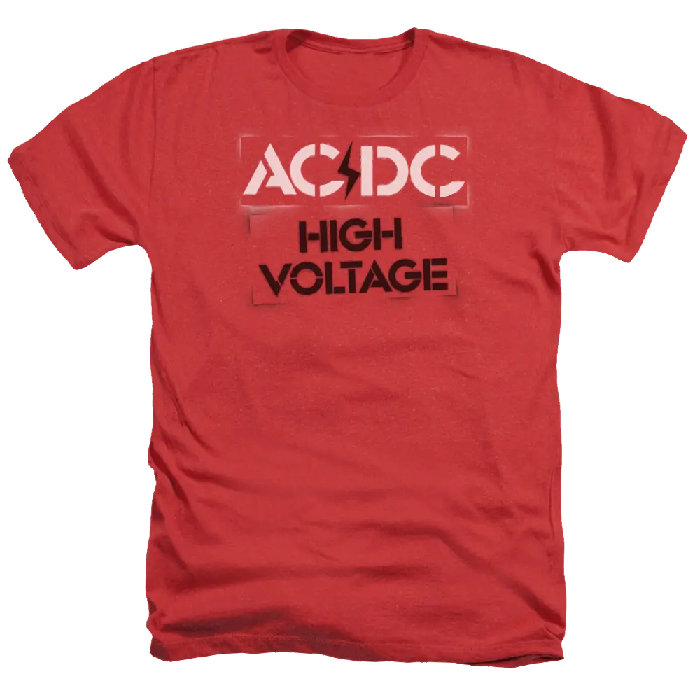 Red men's heather t-shirt with white and black AC/DC High Voltage stencil logo on front.