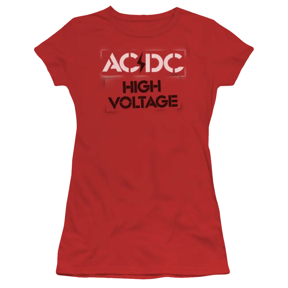 Red juniors t-shirt with white and black AC/DC High Voltage band logo on front.