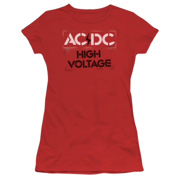 Red juniors t-shirt with white and black AC/DC High Voltage band logo on front.