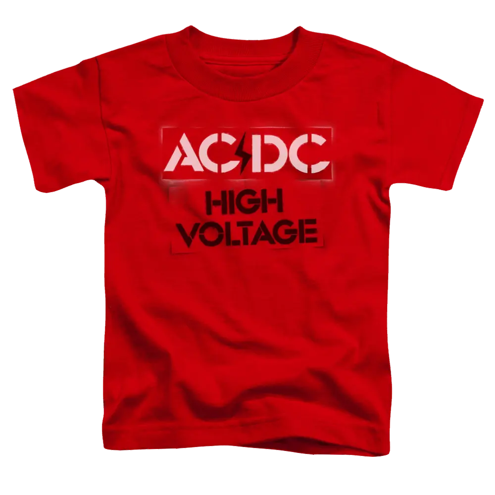 Red kid's t-shirt with white AC/DC logo and black "High Voltage" text on front.
