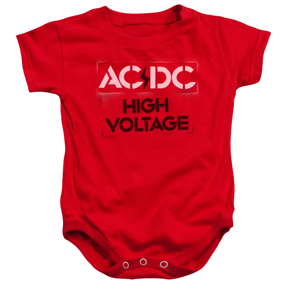 Red baby bodysuit with white AC/DC logo and black High Voltage text on front.