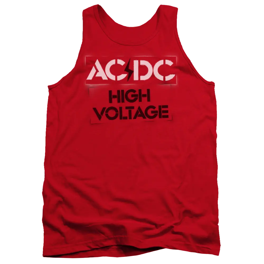 Red men's tank top with white AC/DC logo and black "High Voltage" text on front.