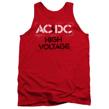 Red men's tank top with white AC/DC logo and black "High Voltage" text on front.