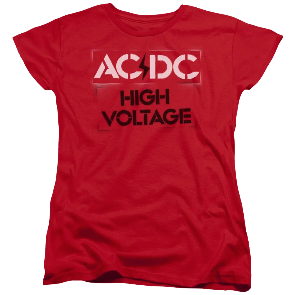 Red women's t-shirt with white AC/DC logo and black "High Voltage" text on front.