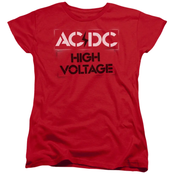 Red women's t-shirt with white AC/DC logo and black "High Voltage" text on front.
