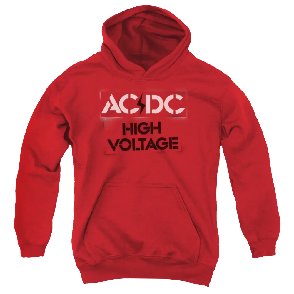 Red youth hoodie with AC/DC logo and High Voltage text in white and black on front, kangaroo pocket, and hood.