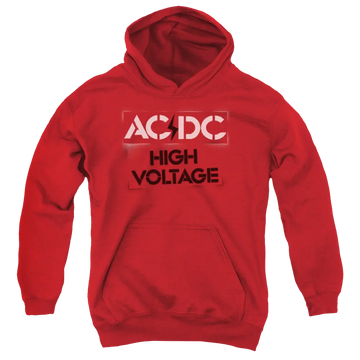 Red youth hoodie with AC/DC logo and High Voltage text in white and black on front, kangaroo pocket, and hood.