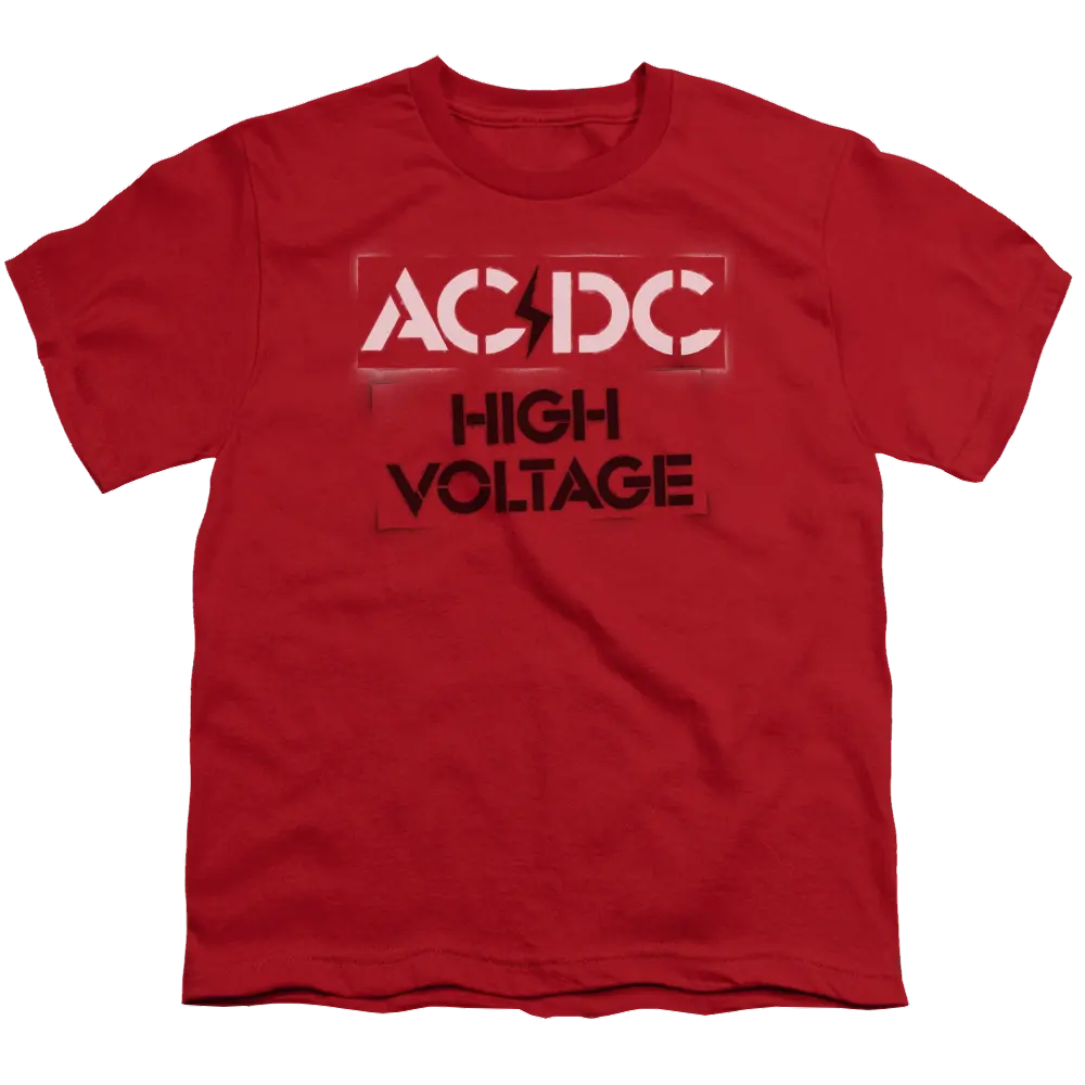 Red youth t-shirt with white AC/DC logo and black High Voltage text on front.