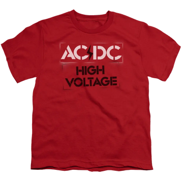 Red youth t-shirt with white AC/DC logo and black High Voltage text on front.
