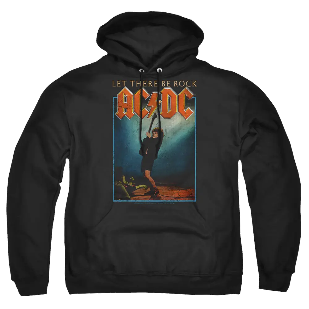Black AC/DC pullover hoodie with "Let There Be Rock" text and vintage band graphic on front.