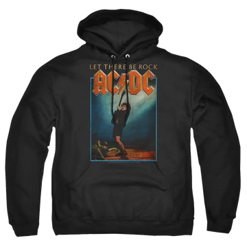 Black AC/DC pullover hoodie with "Let There Be Rock" text and vintage band graphic on front.