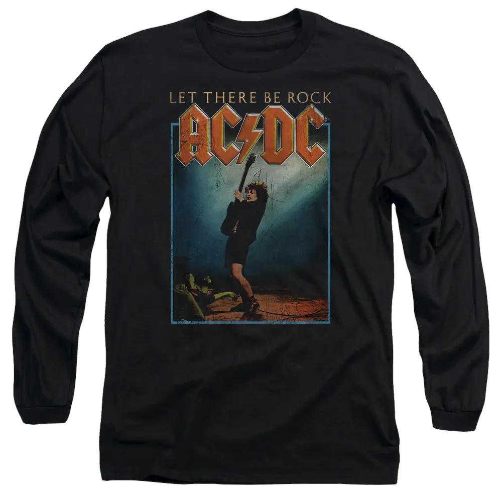 Black long sleeve t-shirt with AC/DC Let There Be Rock graphic and vintage concert scene on front.