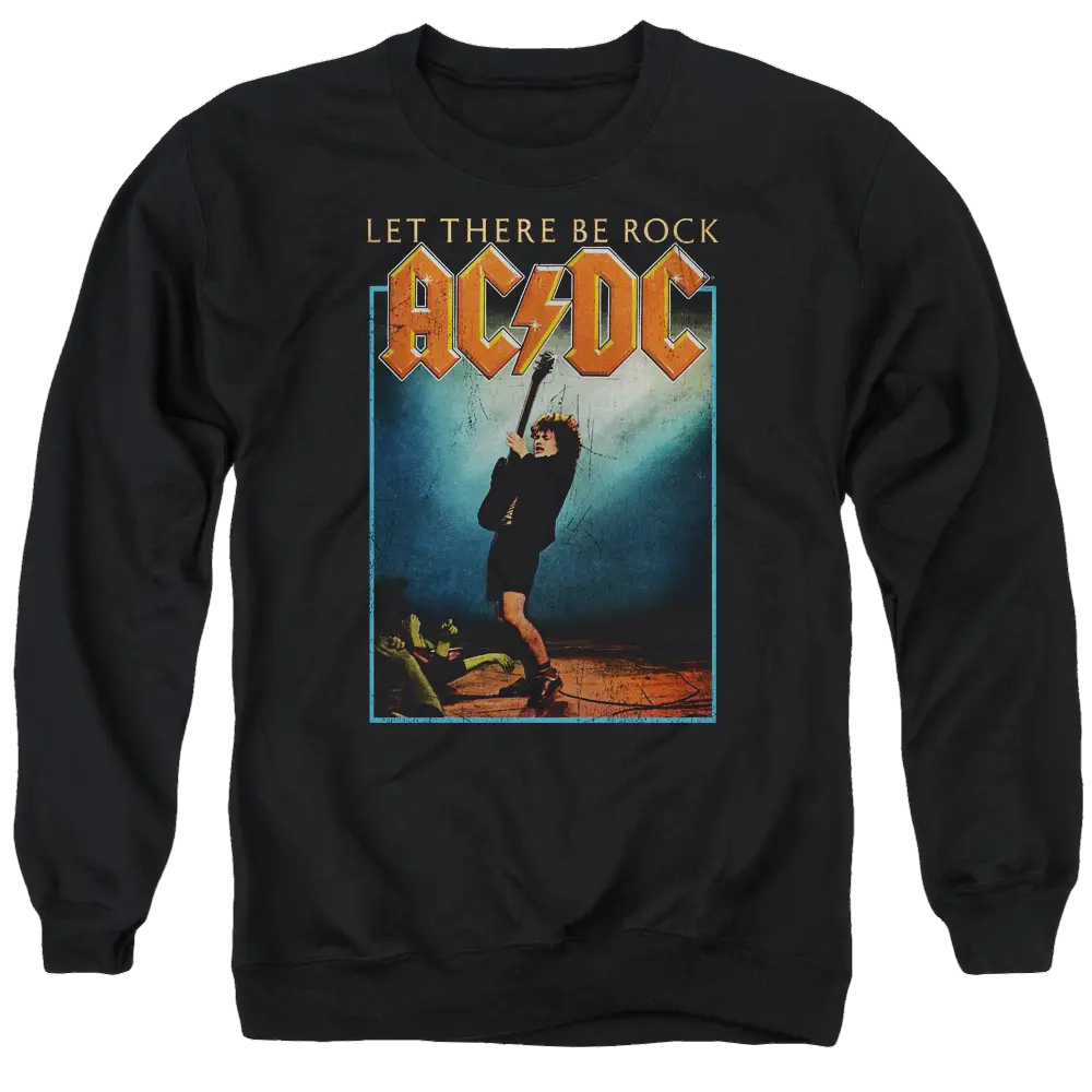 Black men's crewneck sweatshirt with AC/DC "Let There Be Rock" graphic featuring guitarist on stage.