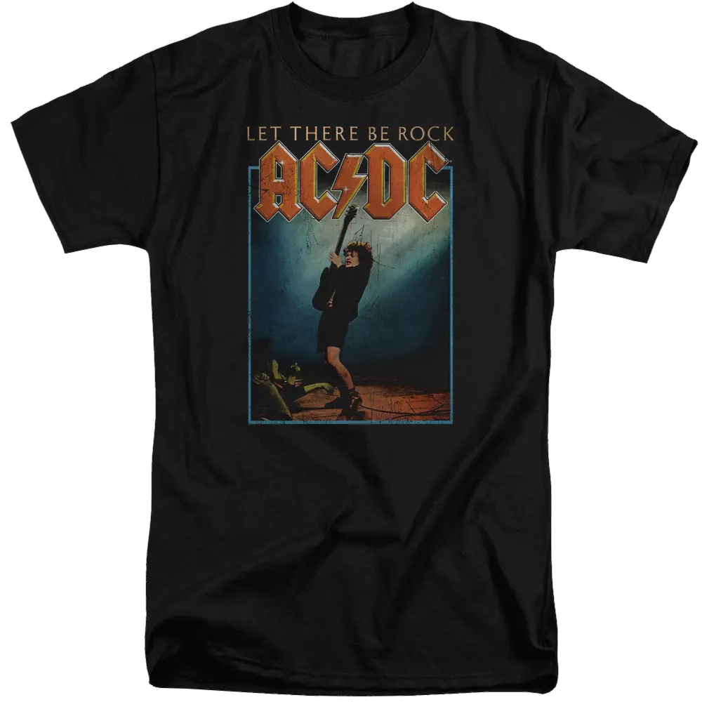 Black men's tall fit t-shirt featuring AC/DC Let There Be Rock graphic with guitarist silhouette and bold lettering.