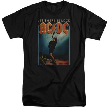 Black men's tall fit t-shirt featuring AC/DC Let There Be Rock graphic with guitarist silhouette and bold lettering.