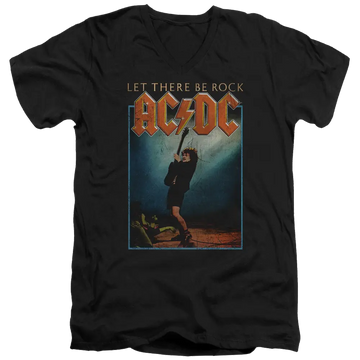 Black men's V-neck t-shirt with AC/DC Let There Be Rock album cover and orange logo print.
