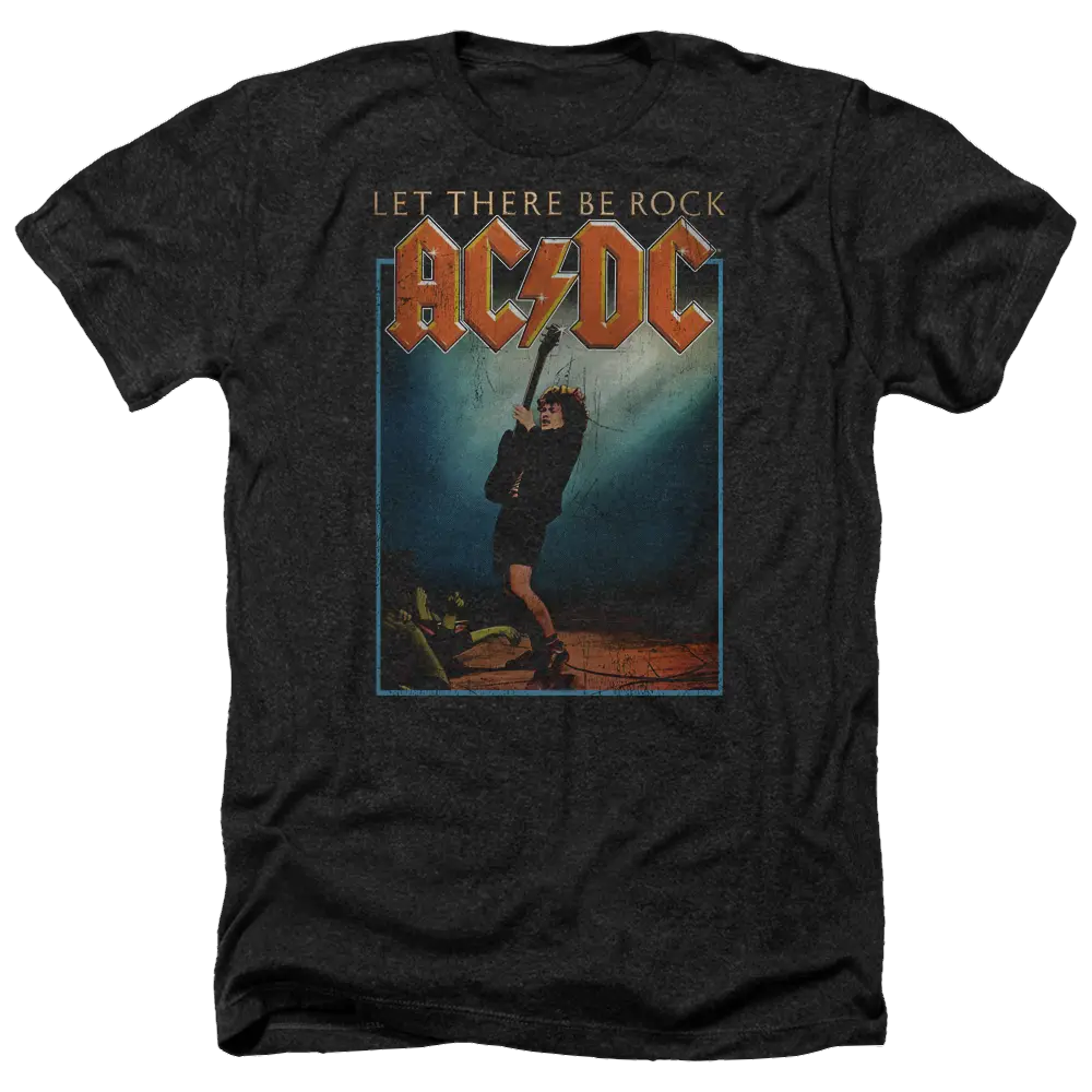 Charcoal heather men's T-shirt with AC/DC Let There Be Rock graphic and vintage concert scene design.