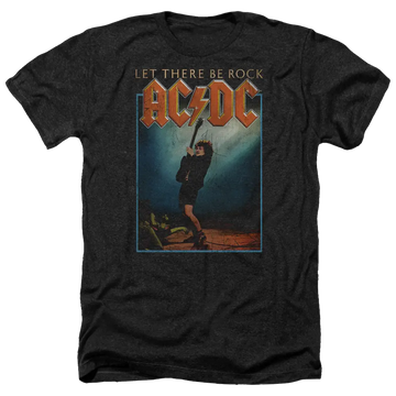 Charcoal heather men's T-shirt with AC/DC Let There Be Rock graphic and vintage concert scene design.