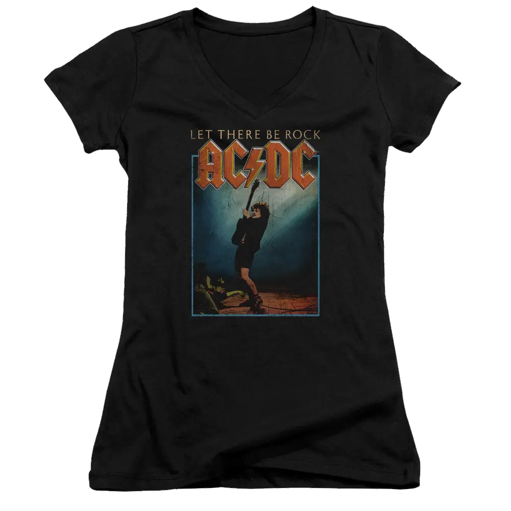 Black juniors V-neck t-shirt with AC/DC "Let There Be Rock" graphic and vintage rock concert image on front.