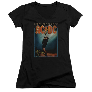 Black juniors V-neck t-shirt with AC/DC "Let There Be Rock" graphic and vintage rock concert image on front.