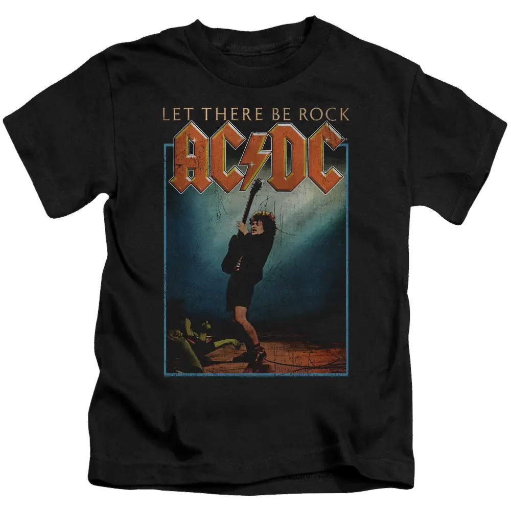 Black kid's t-shirt with vintage AC/DC "Let There Be Rock" graphic and guitarist illustration.