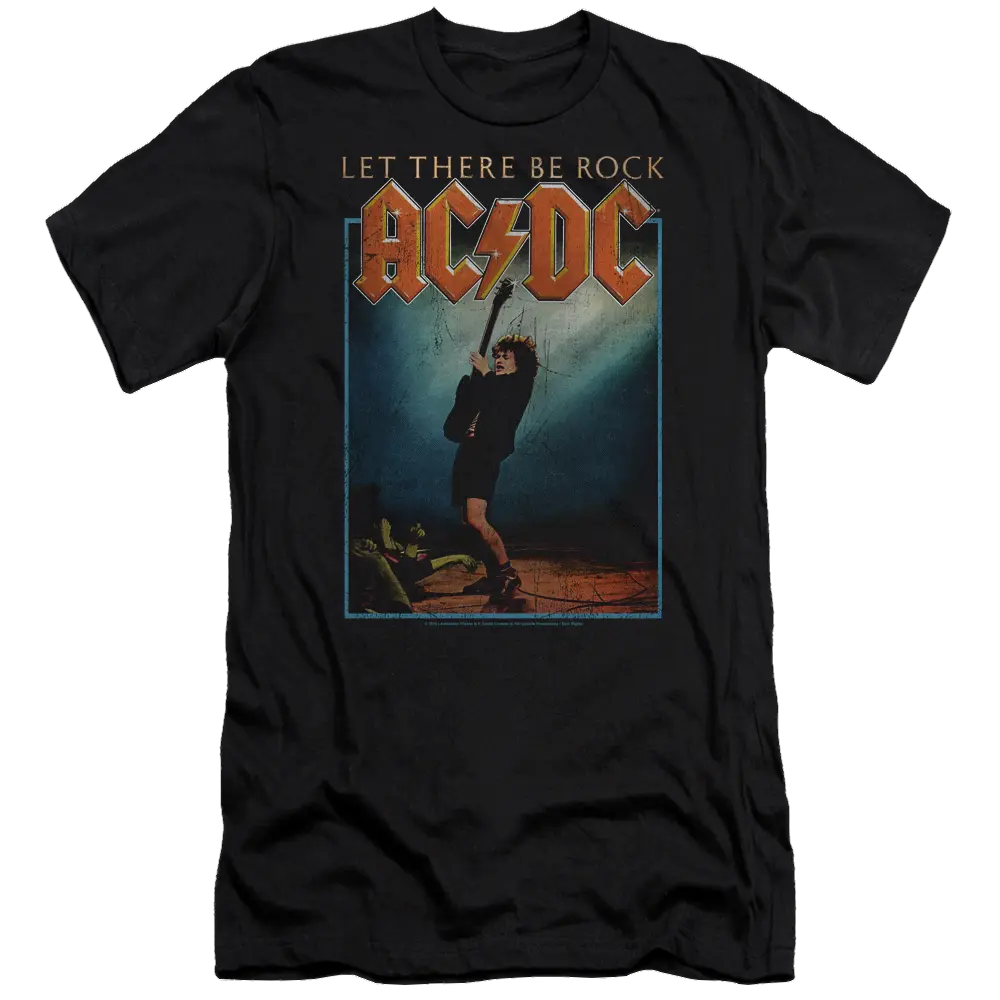 Black men's slim fit t-shirt with AC/DC Let There Be Rock graphic and band logo in orange and yellow tones.