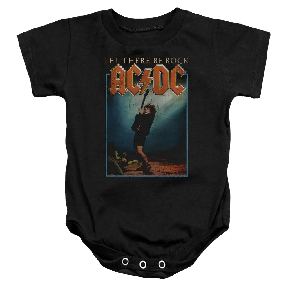 Black baby bodysuit with AC/DC Let There Be Rock graphic and snap closures at bottom.