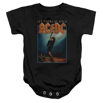 Black baby bodysuit with AC/DC Let There Be Rock graphic and snap closures at bottom.