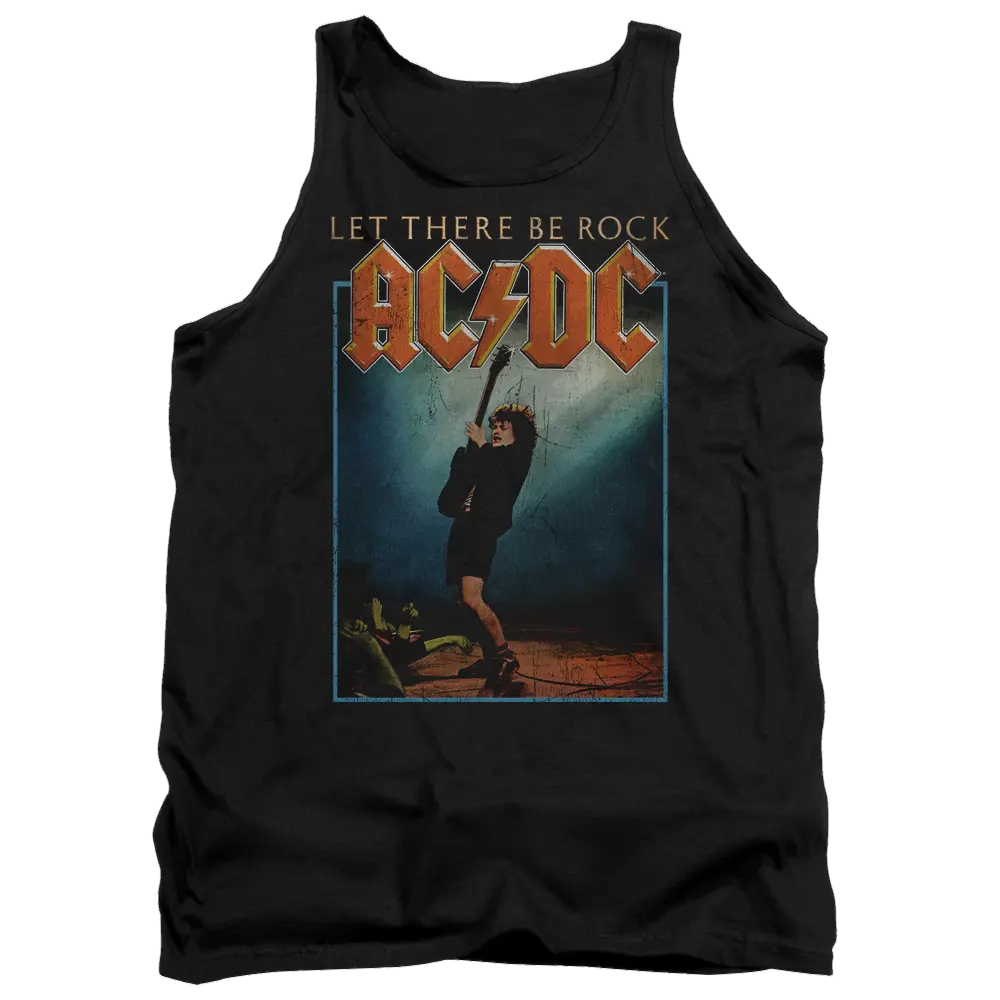 Black men's tank top featuring AC/DC Let There Be Rock album cover with guitarist in mid-performance.