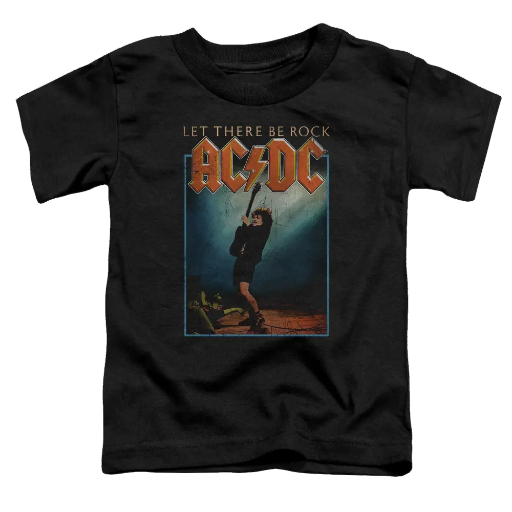 Black toddler t-shirt with vintage AC/DC Let There Be Rock concert graphic and text.