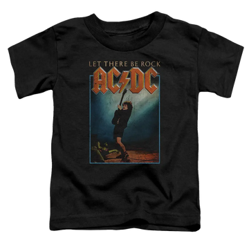 Black toddler t-shirt with vintage AC/DC Let There Be Rock concert graphic and text.