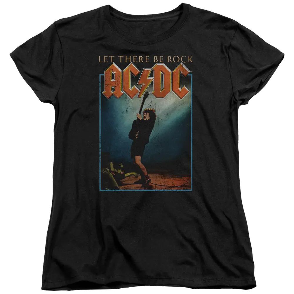 Black women's t-shirt featuring AC/DC Let There Be Rock album cover with guitarist mid-performance and large orange AC/DC.