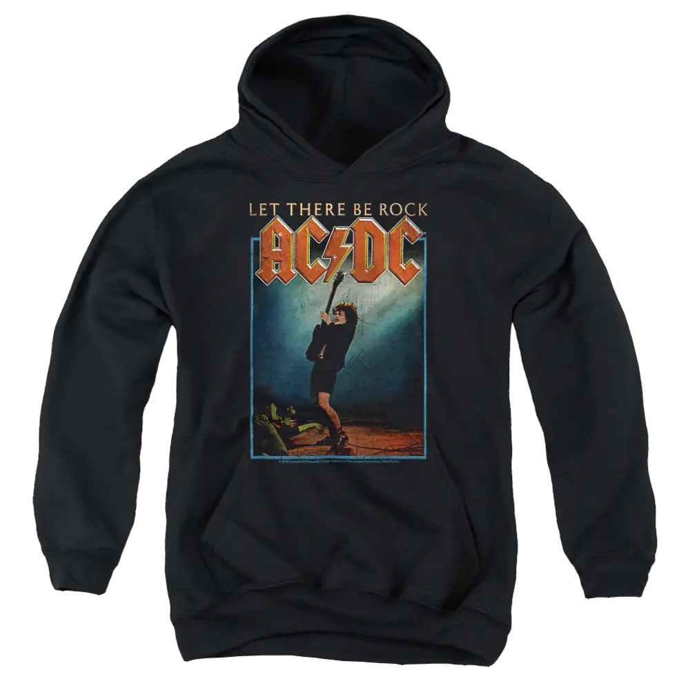 Black youth hoodie featuring AC/DC "Let There Be Rock" graphic with guitarist silhouette and lightning bolt logo.