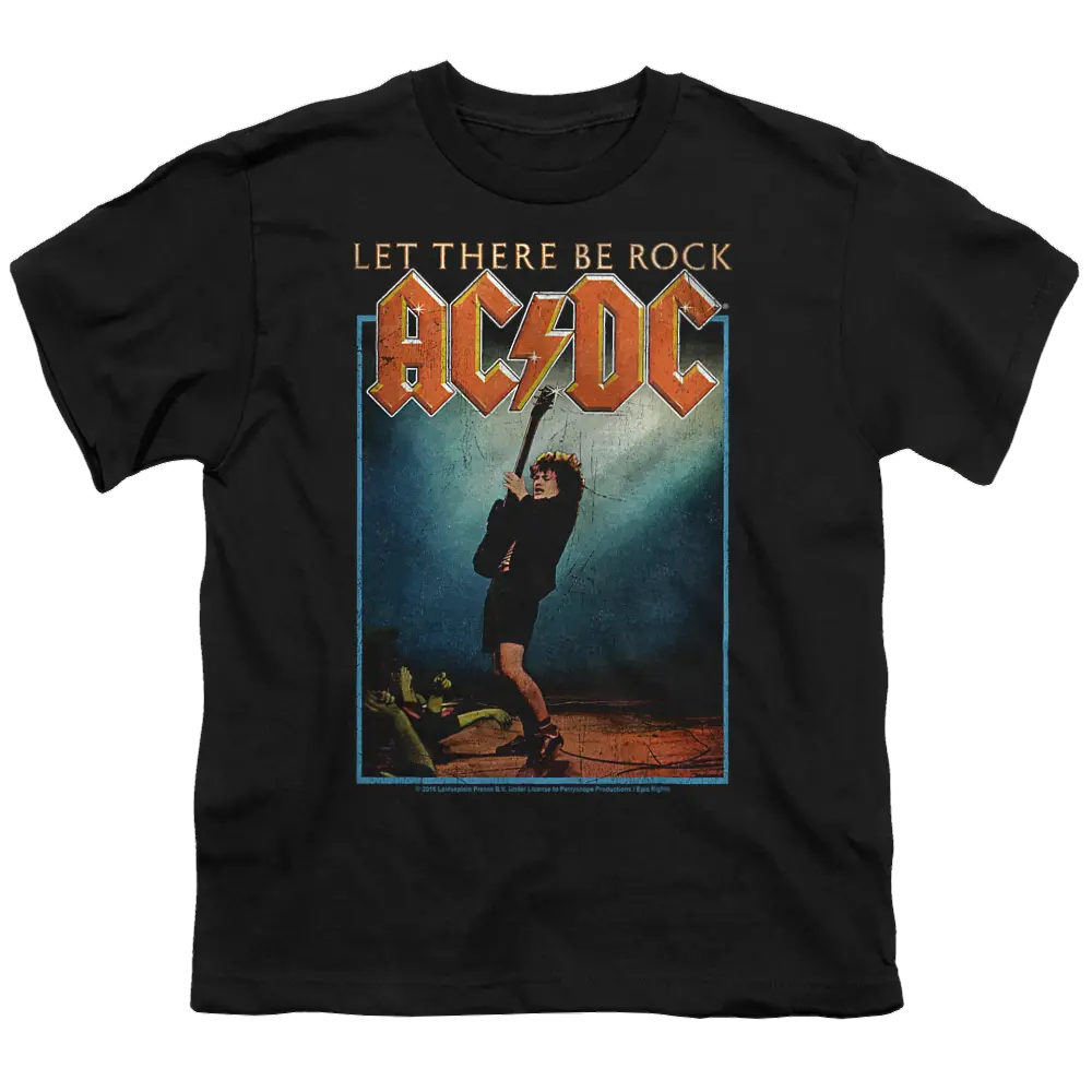 Black youth t-shirt with AC/DC Let There Be Rock graphic featuring guitarist silhouette on stage.