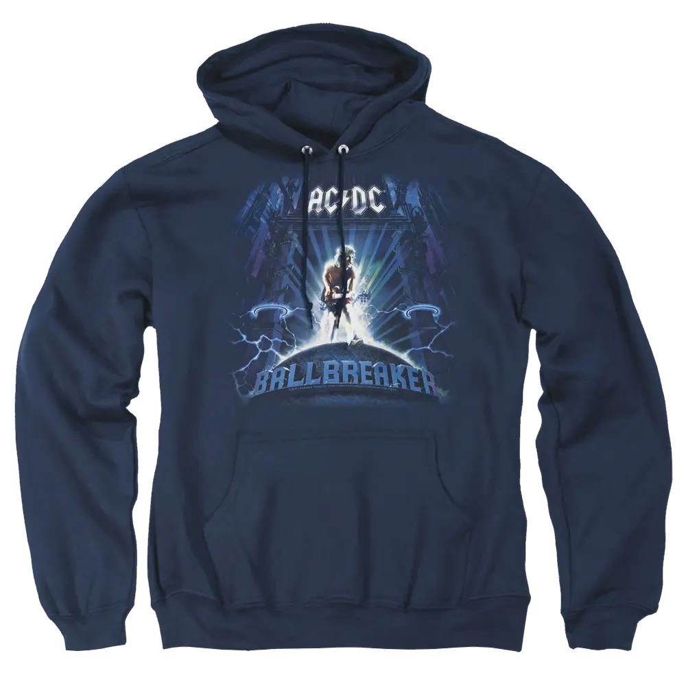 Navy pullover hoodie with AC/DC Ballbreaker graphic and lightning design on front.