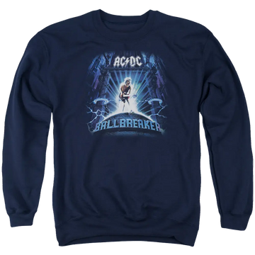 Navy blue men's crewneck sweatshirt with AC/DC Ballbreaker graphic and lightning design.