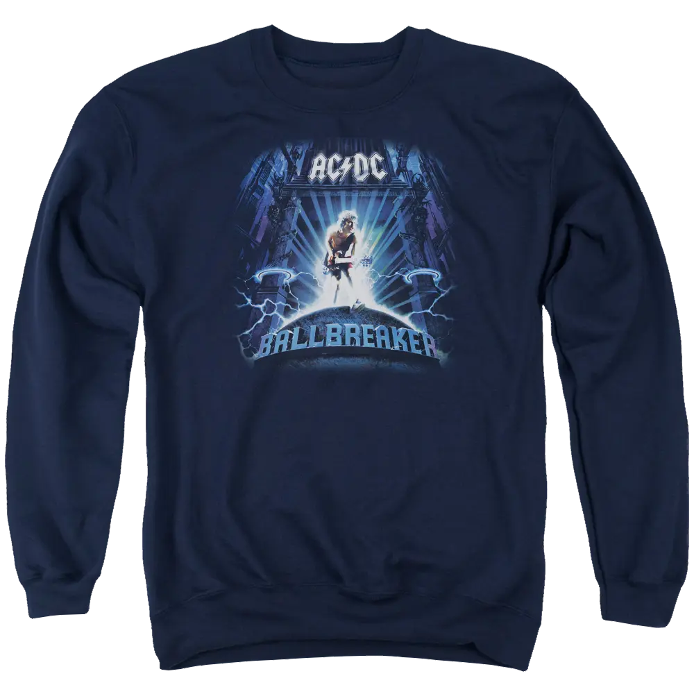 Navy blue men's crewneck sweatshirt with AC/DC Ballbreaker graphic and lightning design.
