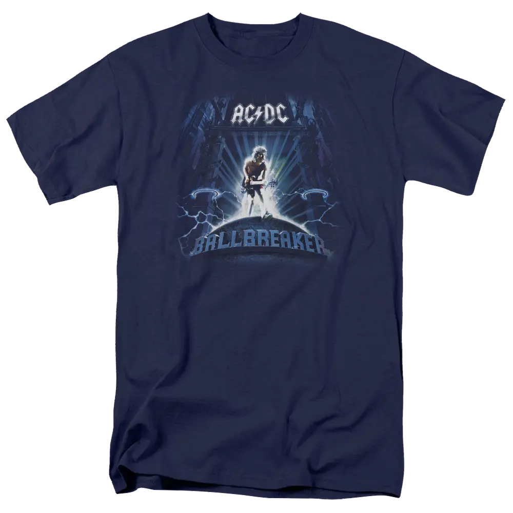 Navy blue men's t-shirt with AC/DC Ballbreaker graphic and lightning design on front.