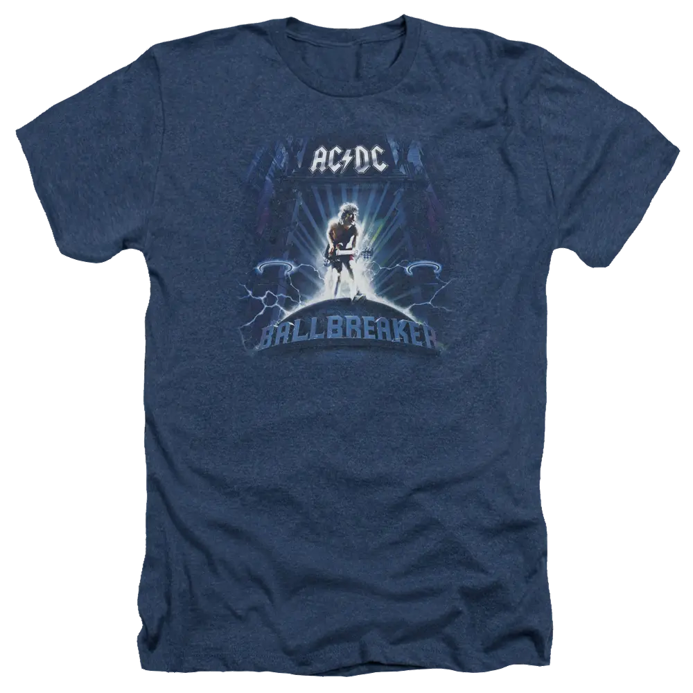 Navy blue heather t-shirt with AC/DC Ballbreaker graphic featuring guitarist and lightning bolts.