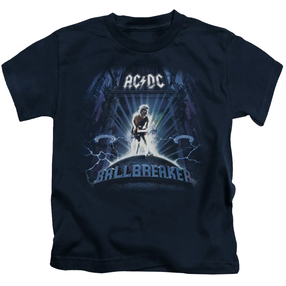 Navy blue kid's t-shirt featuring AC/DC logo and Ballbreaker album art with guitarist and lightning bolts.