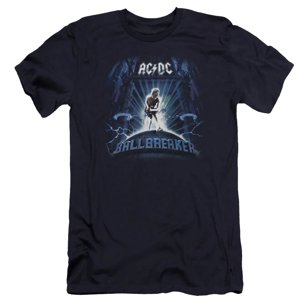 Navy blue slim fit T-shirt with AC/DC Ballbreaker graphic and white text on front.