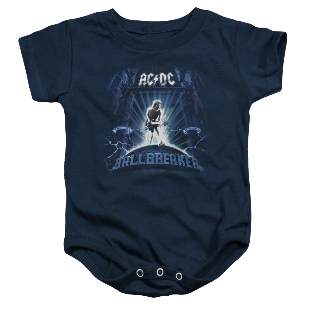 Navy blue baby bodysuit with AC/DC Ballbreaker graphic and snap closures at the bottom.
