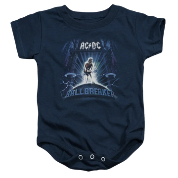 Navy blue baby bodysuit with AC/DC Ballbreaker graphic and snap closures at the bottom.