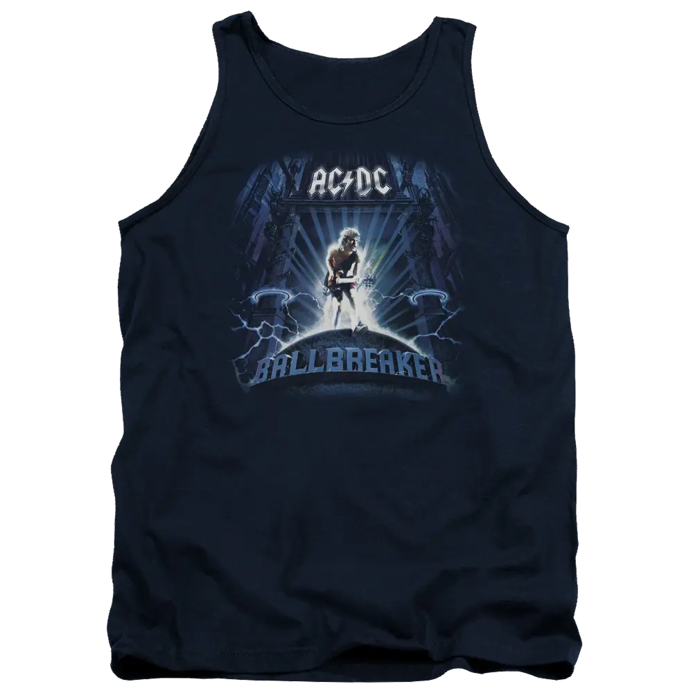 Navy blue men's tank top with AC/DC logo and Ballbreaker album cover art featuring guitarist on electric stage.