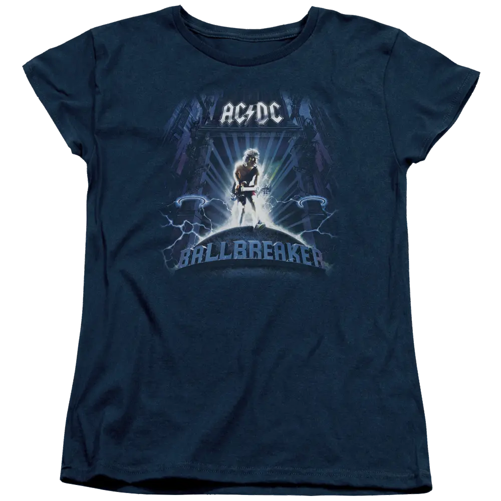 Navy blue women's t-shirt with AC/DC Ballbreaker graphic and guitarist silhouette on front.