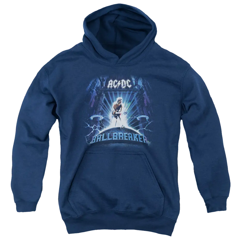 Navy blue youth hoodie featuring AC/DC Ballbreaker graphic with guitarist and lightning design.