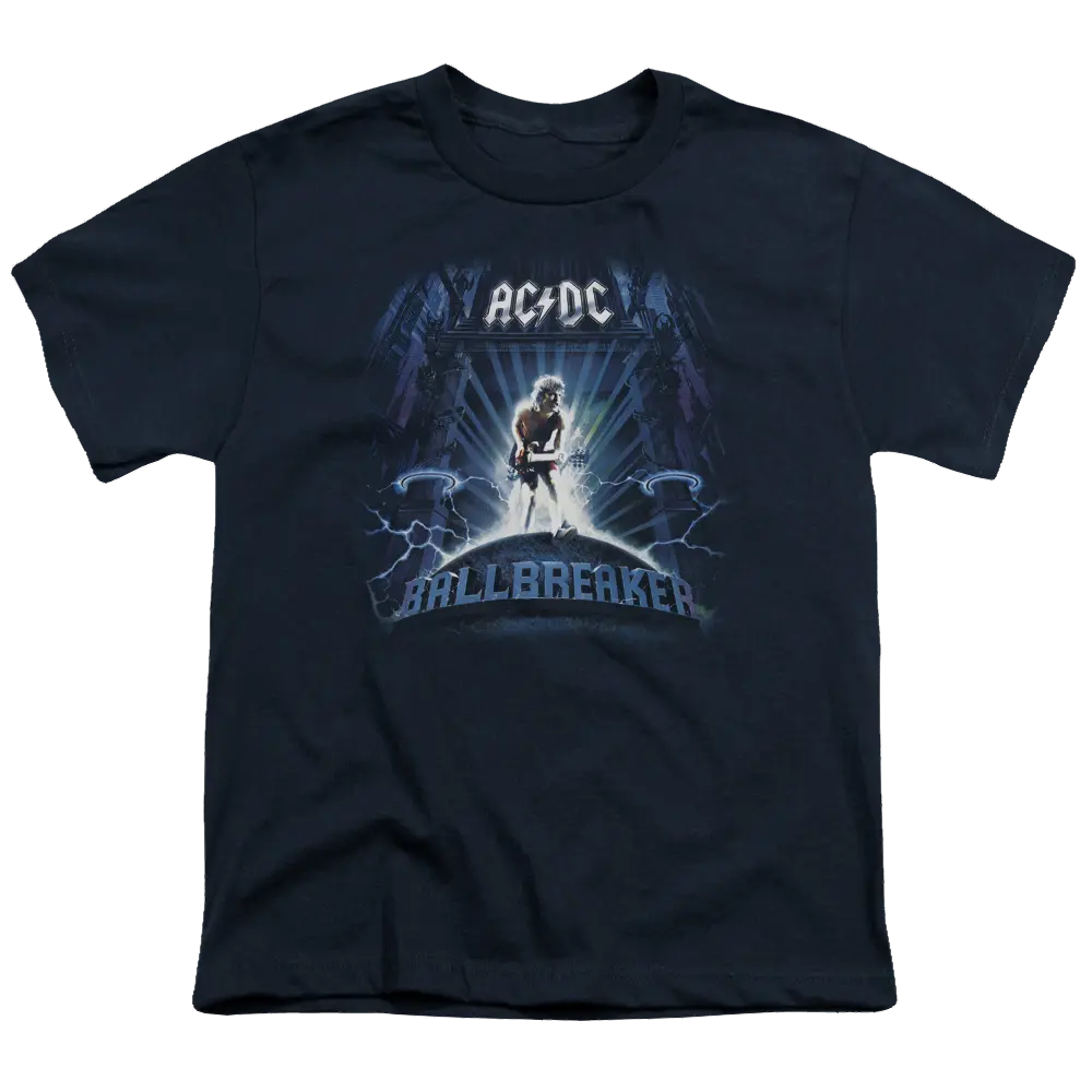 Navy blue youth t-shirt with AC/DC Ballbreaker graphic featuring guitarist silhouette and lightning bolts.